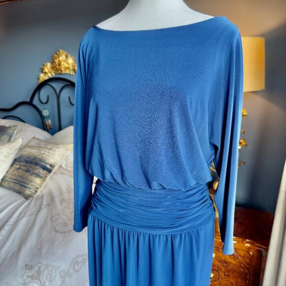 Evan Picone Royal Blue Boatneck Dress with Ruched Waist - Picture 5 of 10